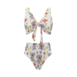 Cute koalas teapots tea Chest Bowknot High Waisted Bikini Swimsuit