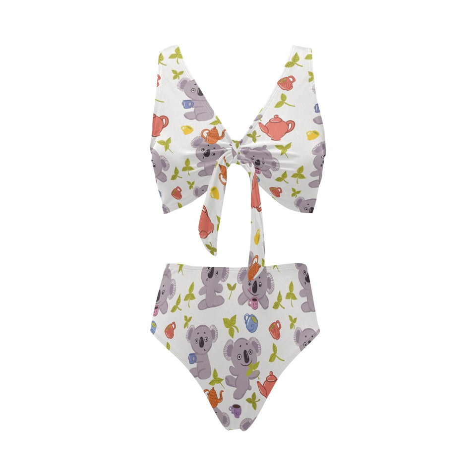 Cute koalas teapots tea Chest Bowknot High Waisted Bikini Swimsuit