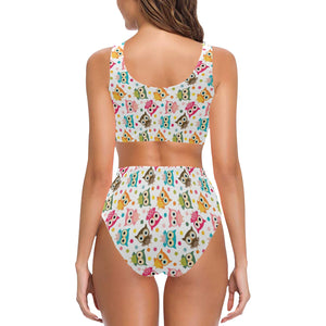 Color cute owl pattern Chest Bowknot High Waisted Bikini Swimsuit