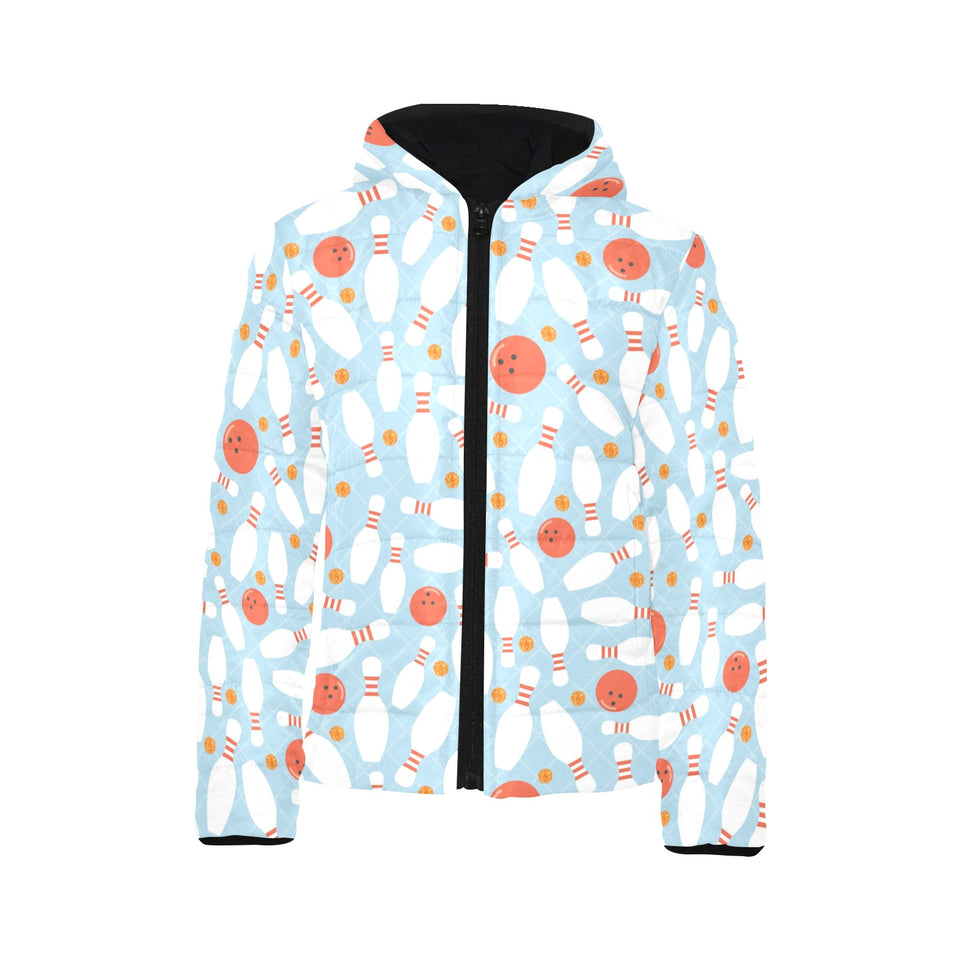 Bowling ball bowling pins blue blackground Kids' Boys' Girls' Padded Hooded Jacket