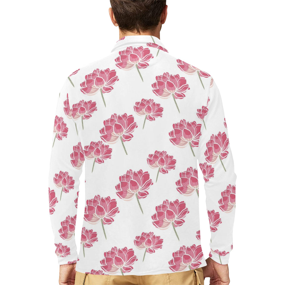 Pink lotus waterlily pattern Men's Long Sleeve Polo Shirt
