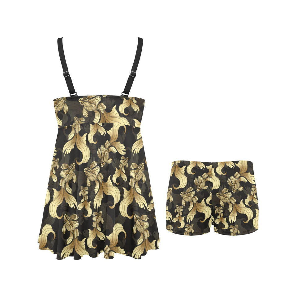 Goldfish Pattern Print Design 01 Chest Sexy Pleated Two Piece Swim Dress