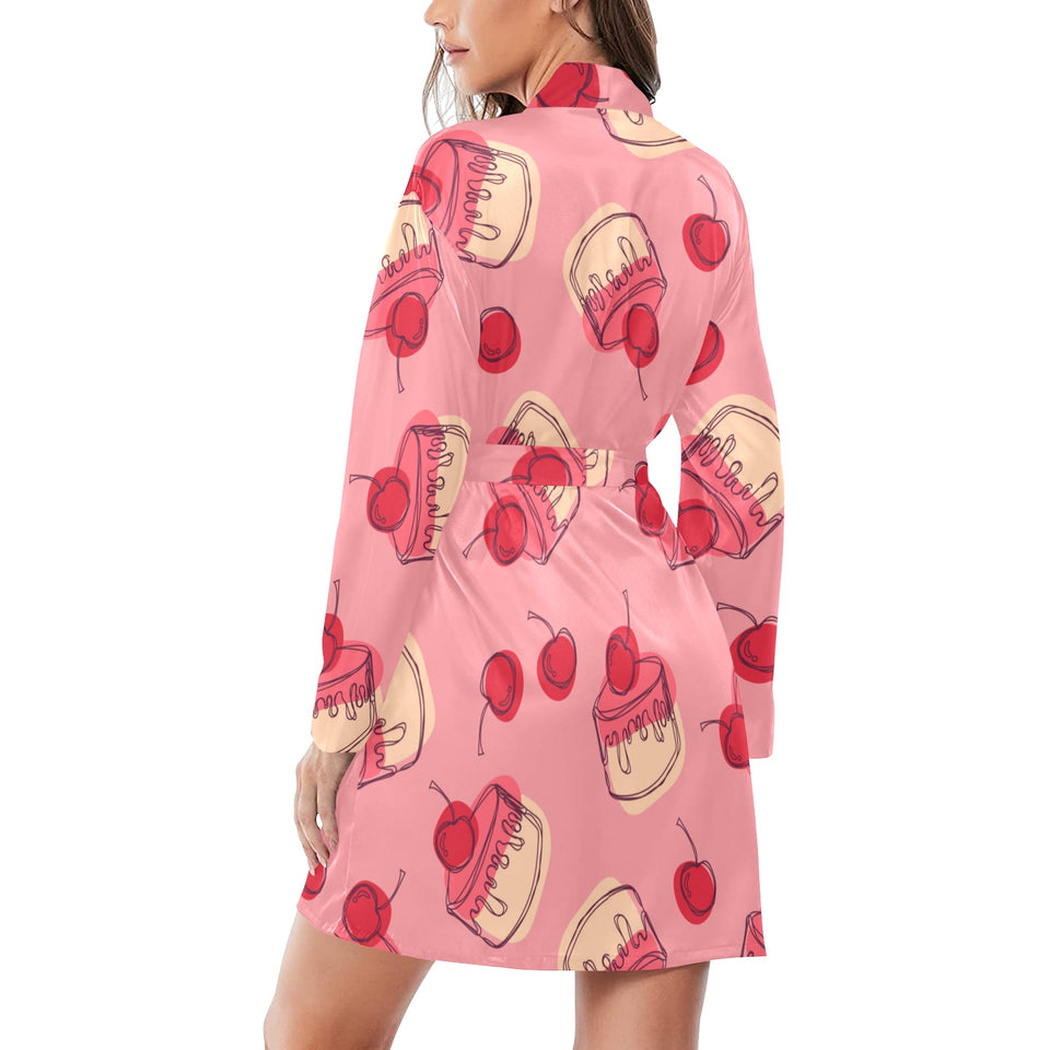 Cake cherry pattern Women's Long Sleeve Belted Night Robe