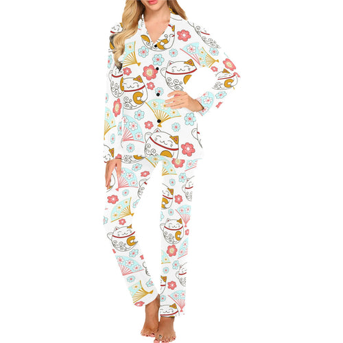 Maneki neko cat fan sakura Women's Long Pajama Set