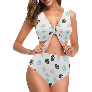 Dog Paws Pattern Print Design 04 Chest Bowknot High Waisted Bikini Swimsuit