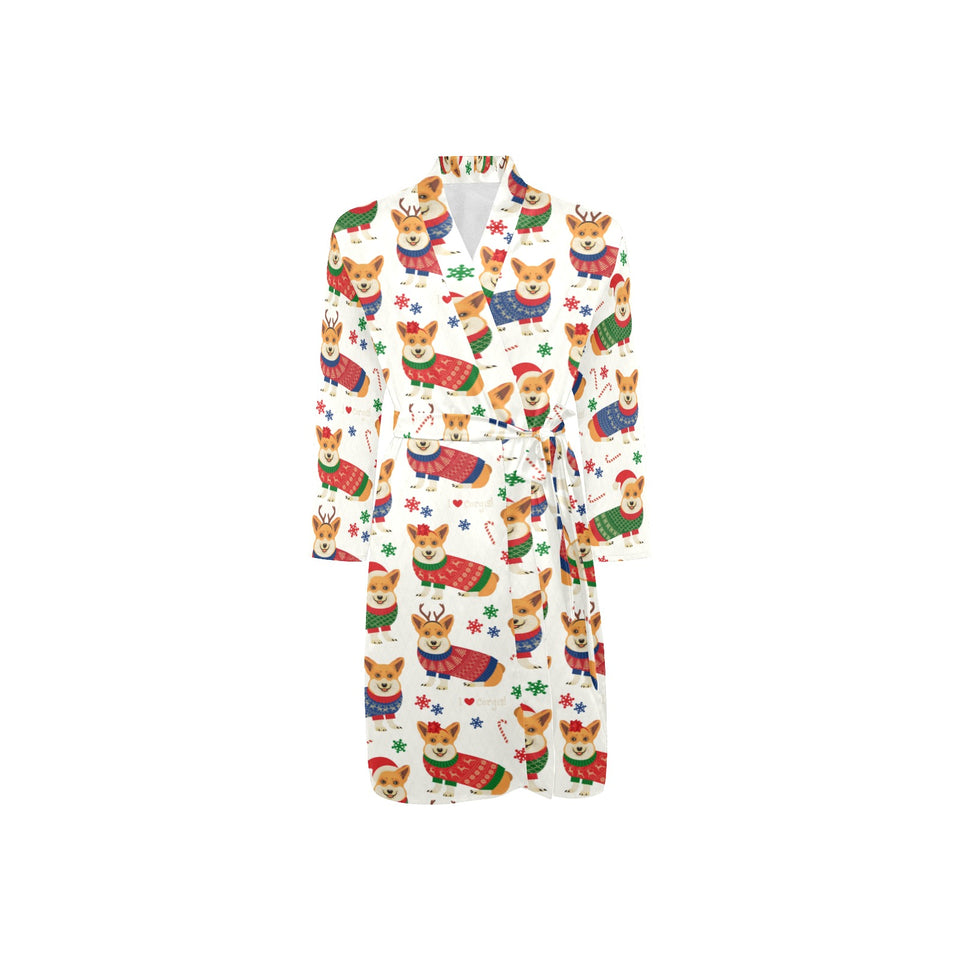 Corgi Christmas Pattern Men's Long Sleeve Belted Night Robe