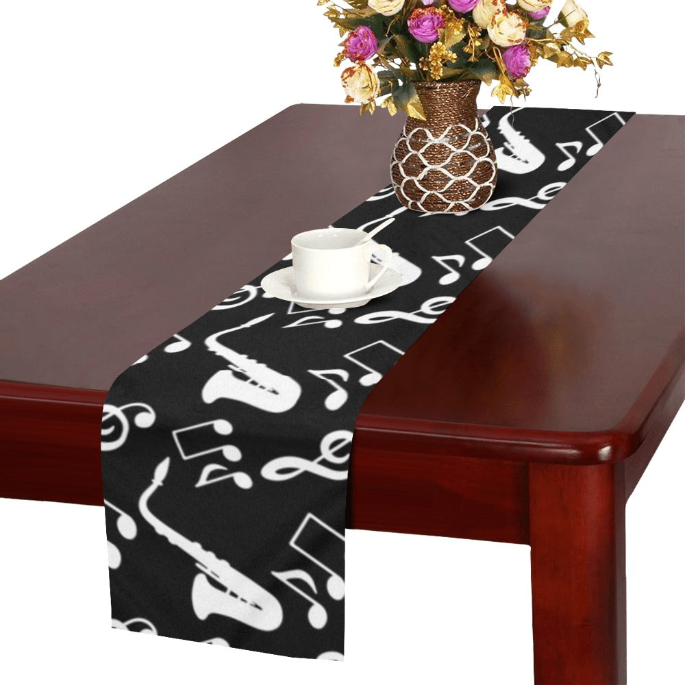Saxophone music notes treble clef black white them Table Runner