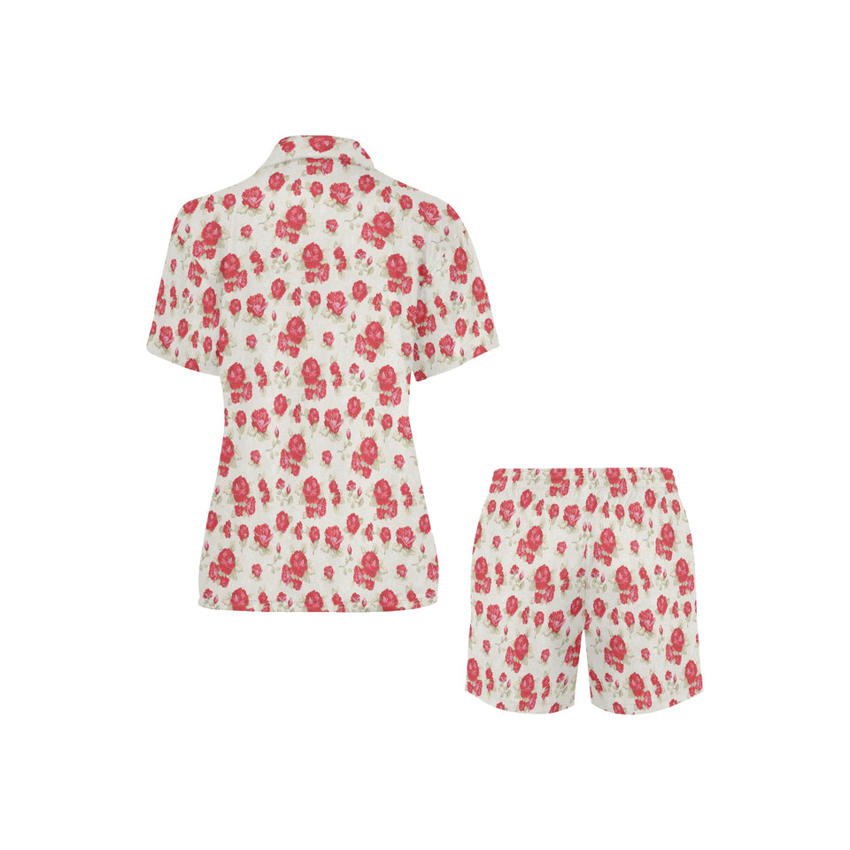 Rose Pattern Print Design 01 Women's V-Neck Short Pajama Set