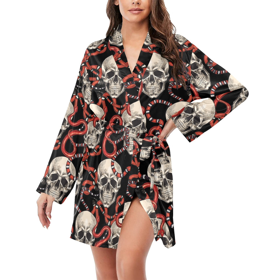 Red snake skull pattern Women's Long Sleeve Belted Night Robe