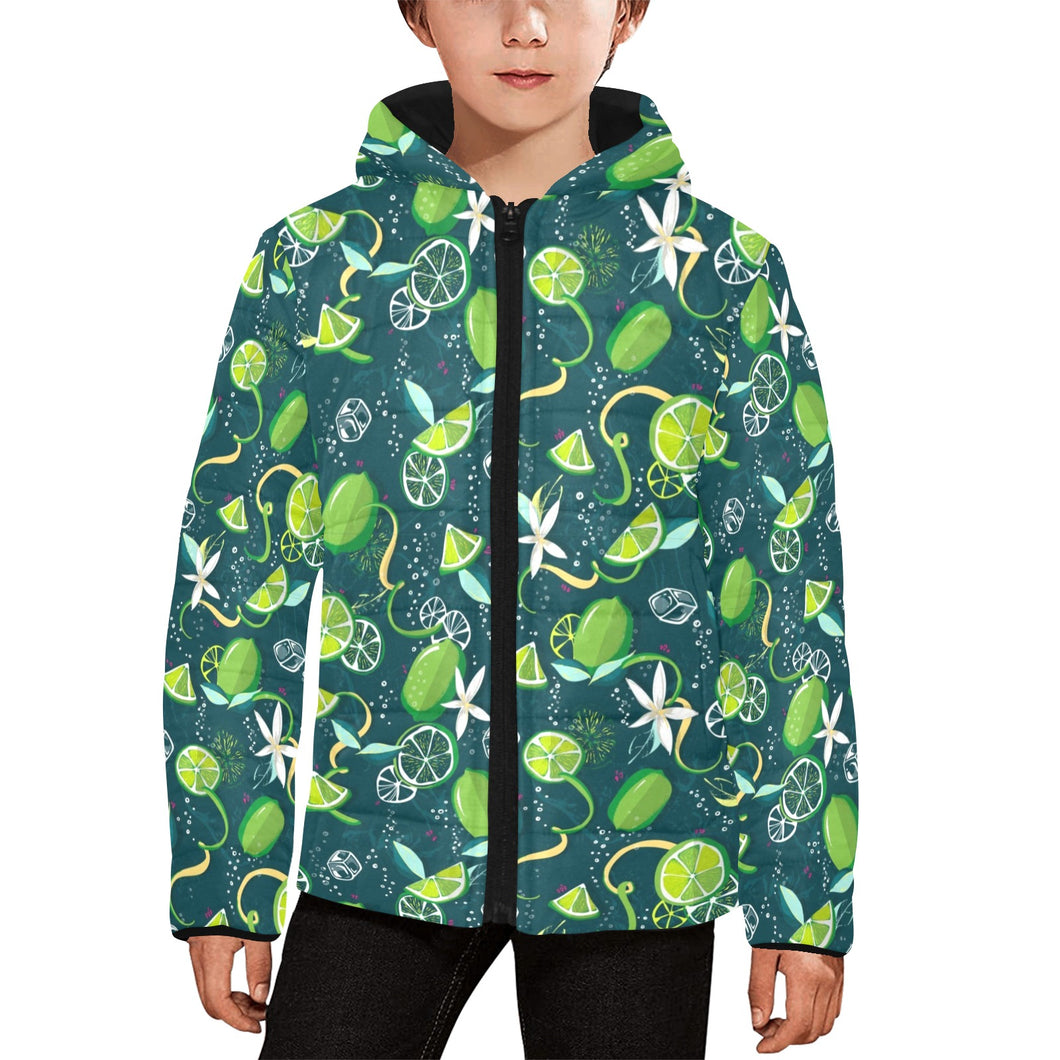 Lime ice flower pattern Kids' Boys' Girls' Padded Hooded Jacket