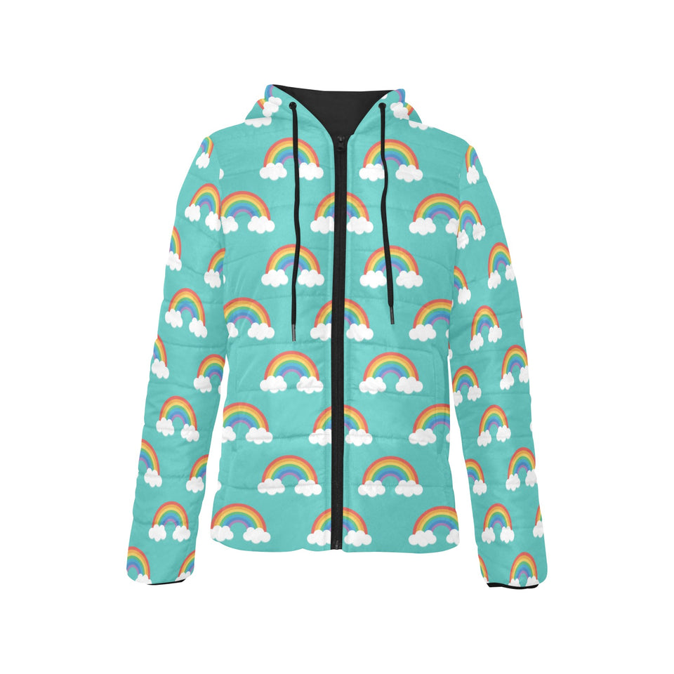 Rainbow pattern green background Women's Padded Hooded Jacket