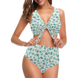 Green ginkgo leaves pattern Chest Bowknot High Waisted Bikini Swimsuit