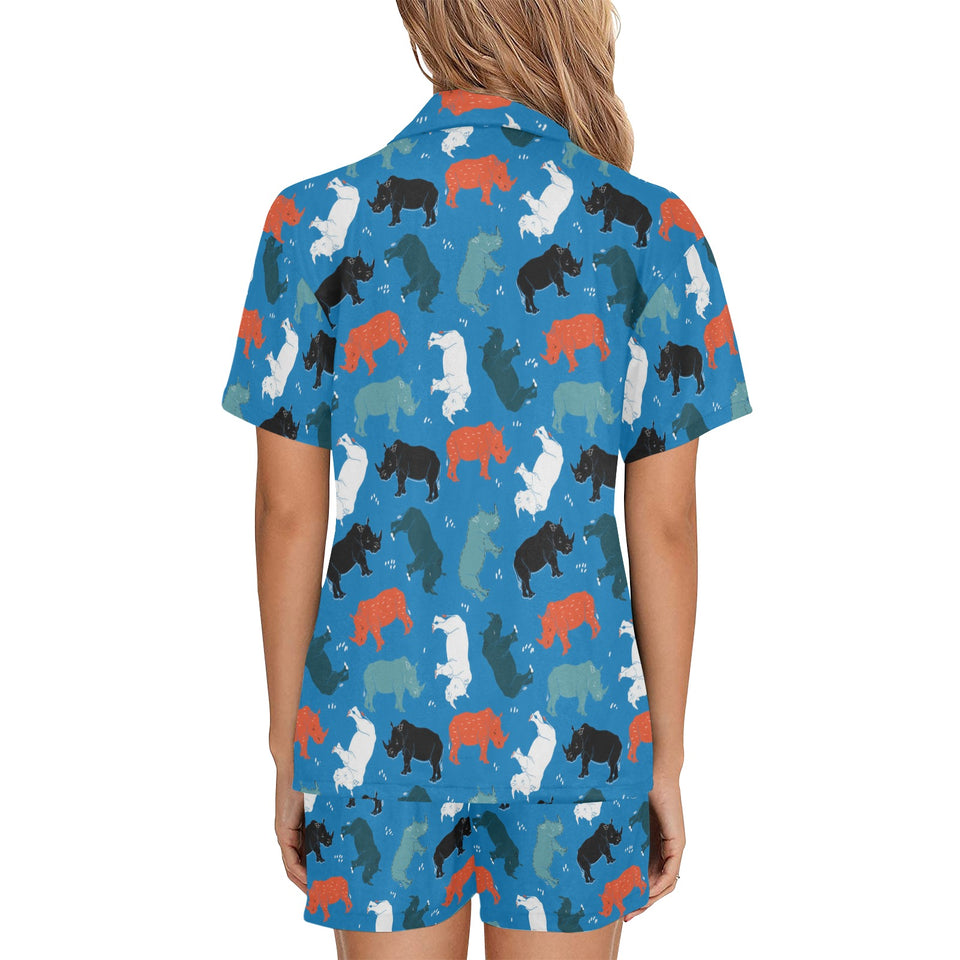Colorful rhino pattern Women's V-Neck Short Pajama Set