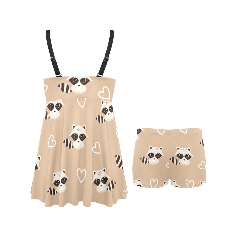 Cute raccoon heart pattern Chest Sexy Pleated Two Piece Swim Dress
