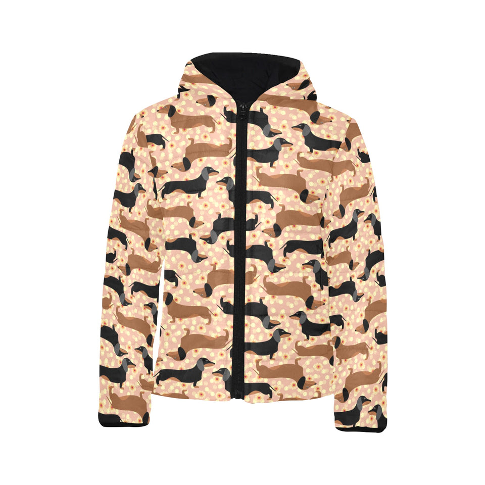 Dachshund floral background Kids' Boys' Girls' Padded Hooded Jacket