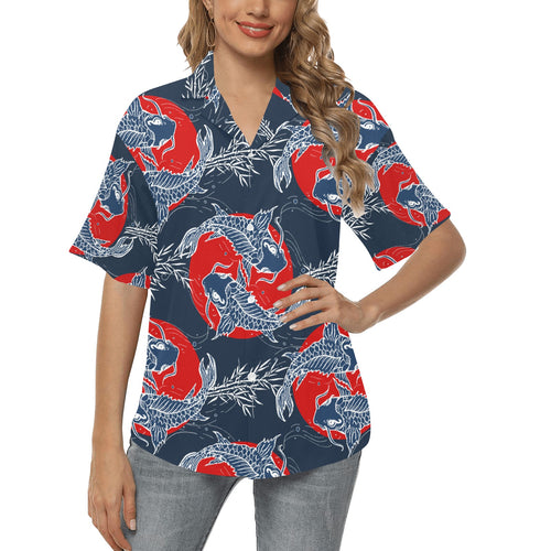 Koi Fish Carp Fishs hand drawn japanese art Women's All Over Print Hawaiian Shirt