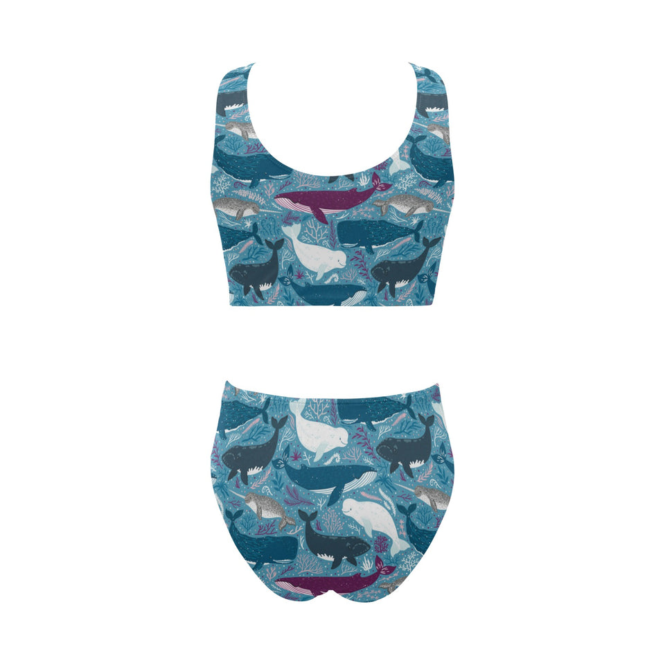 Whale design pattern Chest Bowknot High Waisted Bikini Swimsuit