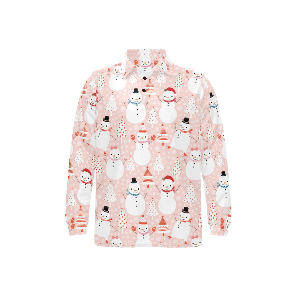 Cute snowman christmas tree snowpink background Men's Long Sleeve Polo Shirt