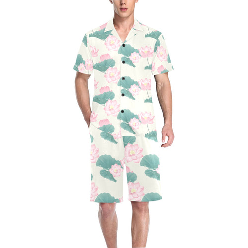 Pink lotus waterlily leaves pattern Men's V-Neck Short Pajama Set