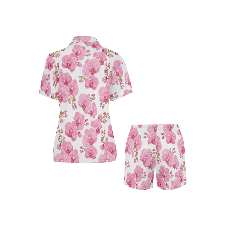 pink purple orchid pattern background Women's V-Neck Short Pajama Set