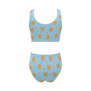 Brown cute pomeranian blue blackground Chest Bowknot High Waisted Bikini Swimsuit