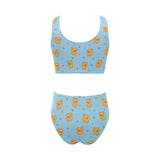 Brown cute pomeranian blue blackground Chest Bowknot High Waisted Bikini Swimsuit