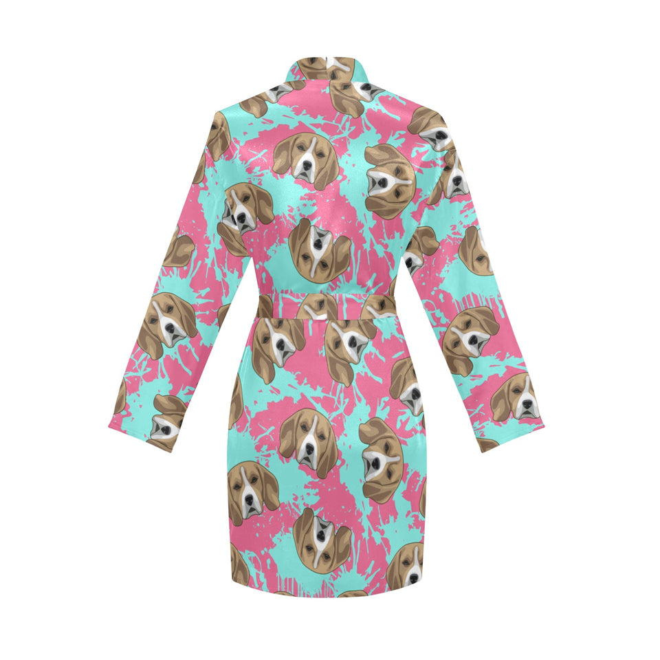 Beagle muzzles turquoise paint splashes pink patte Women's Long Sleeve Belted Night Robe