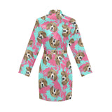 Beagle muzzles turquoise paint splashes pink patte Women's Long Sleeve Belted Night Robe