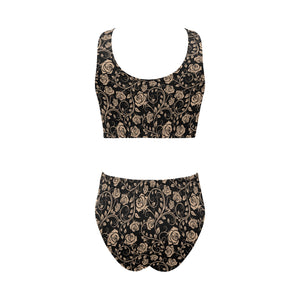 Rose Pattern Print Design 04 Chest Bowknot High Waisted Bikini Swimsuit