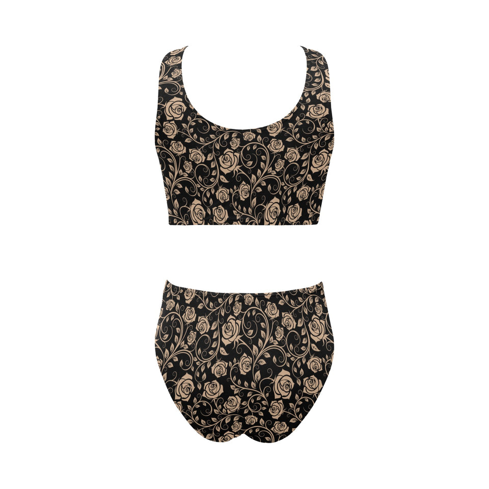 Rose Pattern Print Design 04 Chest Bowknot High Waisted Bikini Swimsuit