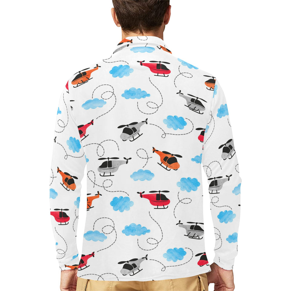 Watercolor helicopter cloud pattern Men's Long Sleeve Polo Shirt
