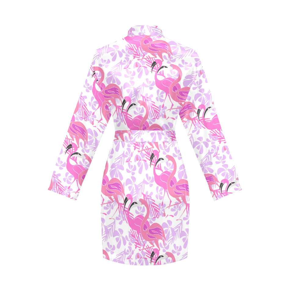 Pink flamingo flower pattern Women's Long Sleeve Belted Night Robe