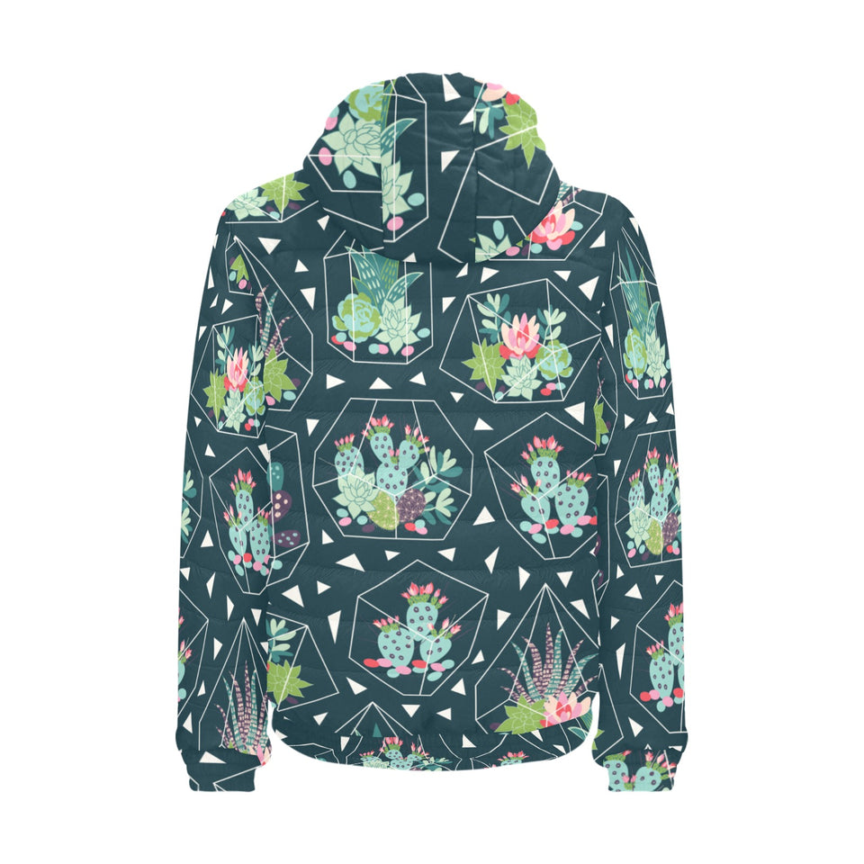 Cactus glass terrarium pattern Men's Padded Hooded Jacket