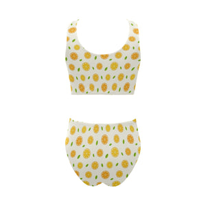 oranges leaves pattern Chest Bowknot High Waisted Bikini Swimsuit