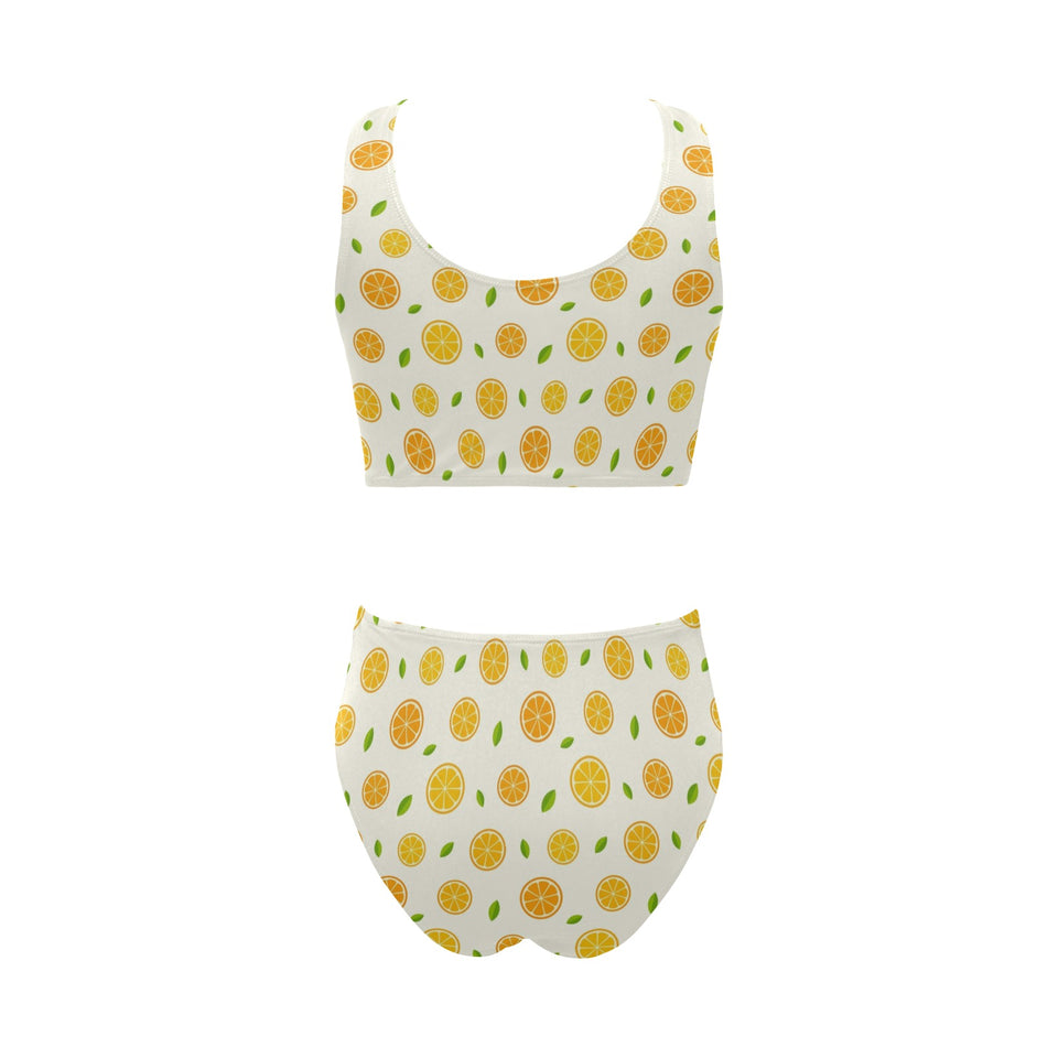 oranges leaves pattern Chest Bowknot High Waisted Bikini Swimsuit