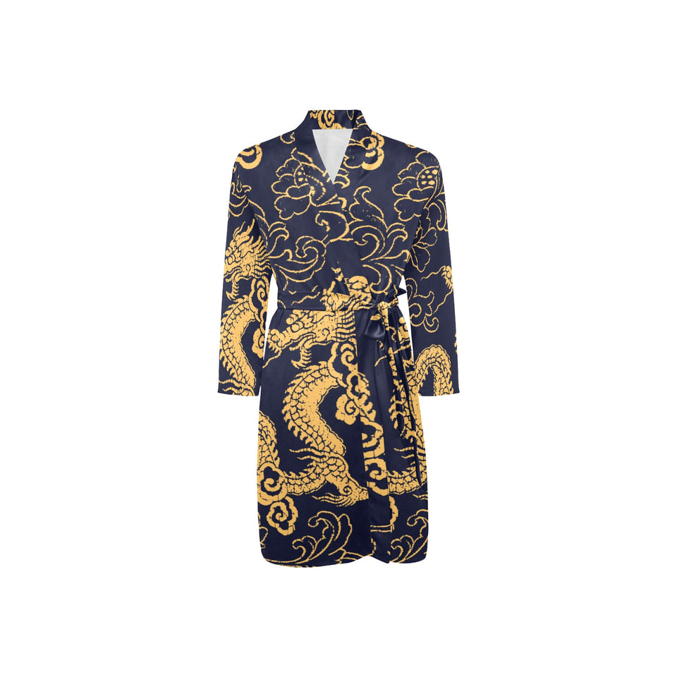 Gold dragon pattern Men's Long Sleeve Belted Night Robe