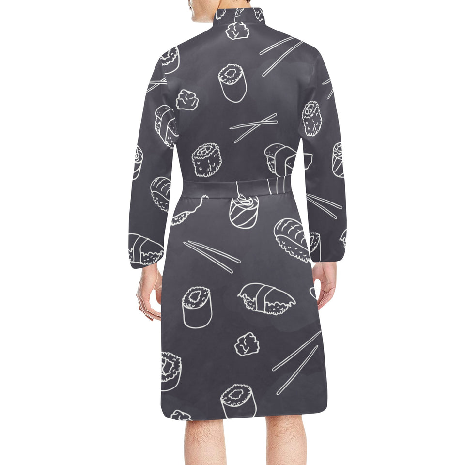sushi pattern black background Men's Long Sleeve Belted Night Robe