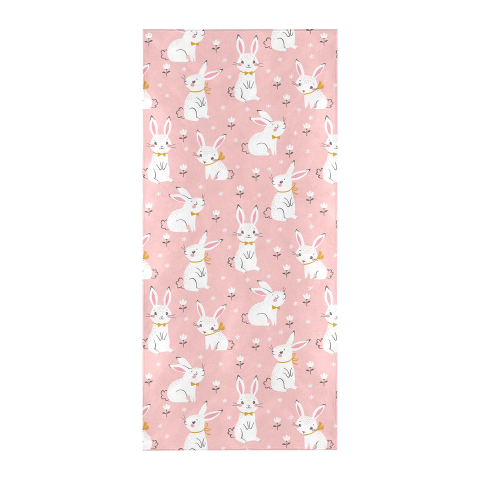 Cute white rabbit flower pink background Beach Towel