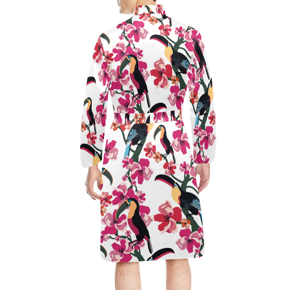 Toucan flower design pattern Men's Long Sleeve Belted Night Robe