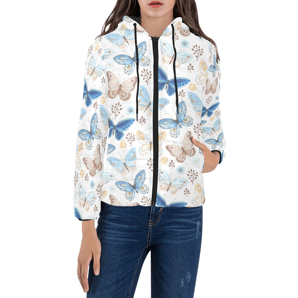blue butterfly pattern Women's Padded Hooded Jacket