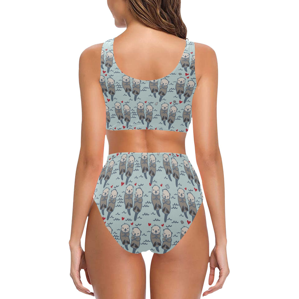 Lovely Sea Otter Pattern Chest Bowknot High Waisted Bikini Swimsuit