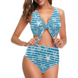 Starfish blue blackground Chest Bowknot High Waisted Bikini Swimsuit