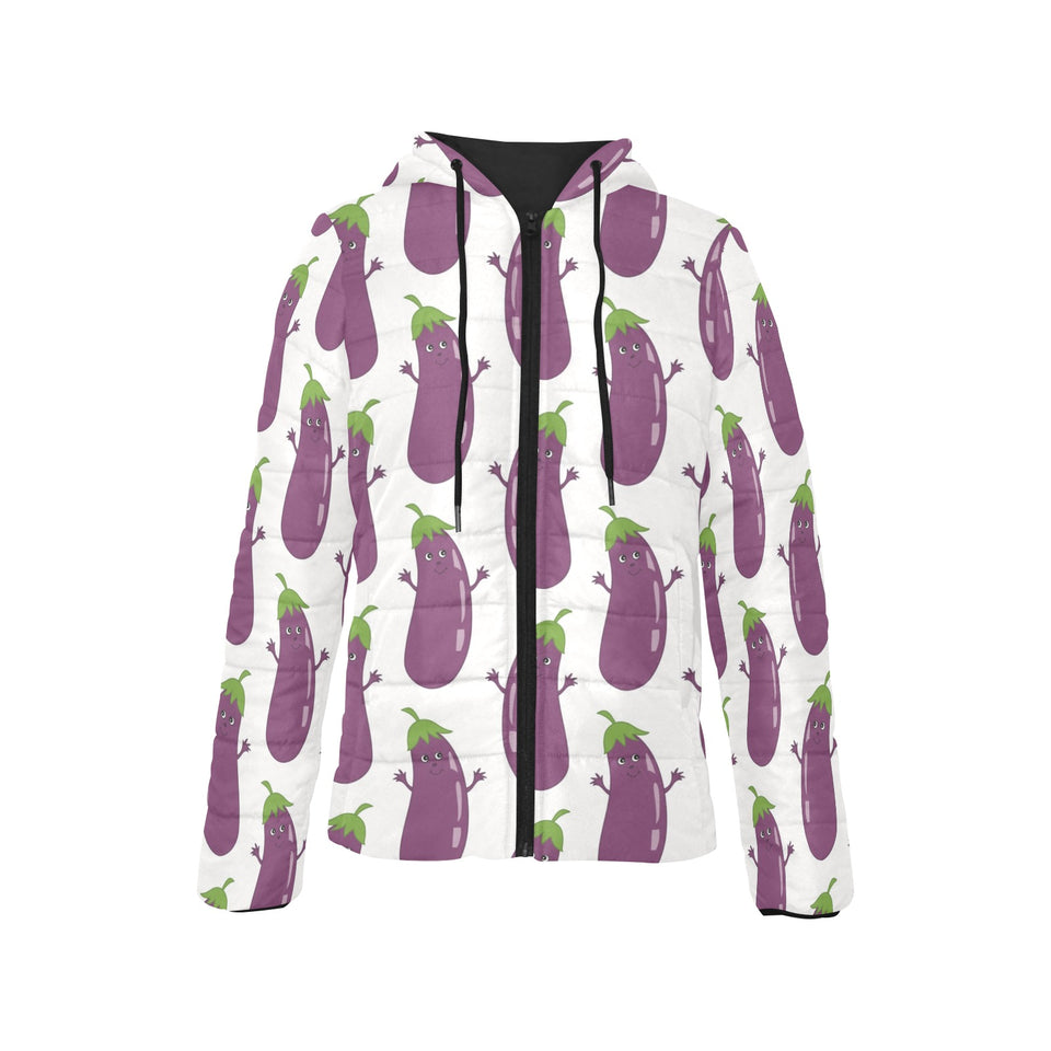 Eggplant Pattern Print Design 01 Women's Padded Hooded Jacket