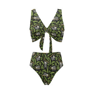 Cute sloths tropical palm leaves black background Chest Bowknot High Waisted Bikini Swimsuit