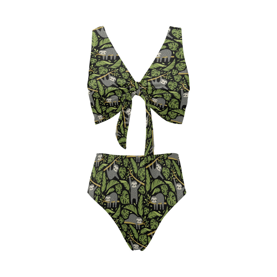 Cute sloths tropical palm leaves black background Chest Bowknot High Waisted Bikini Swimsuit