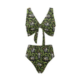 Cute sloths tropical palm leaves black background Chest Bowknot High Waisted Bikini Swimsuit