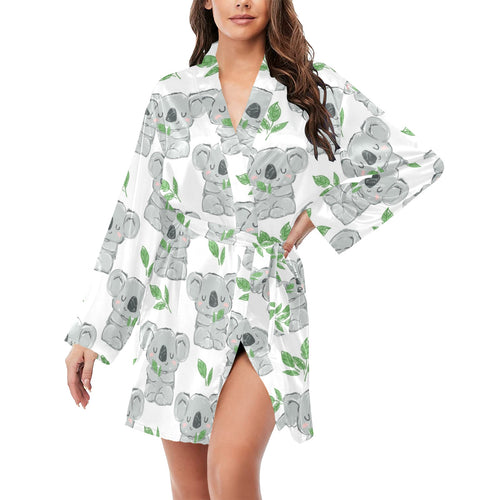 Hand drawn Koala leaves pattern Women's Long Sleeve Belted Night Robe