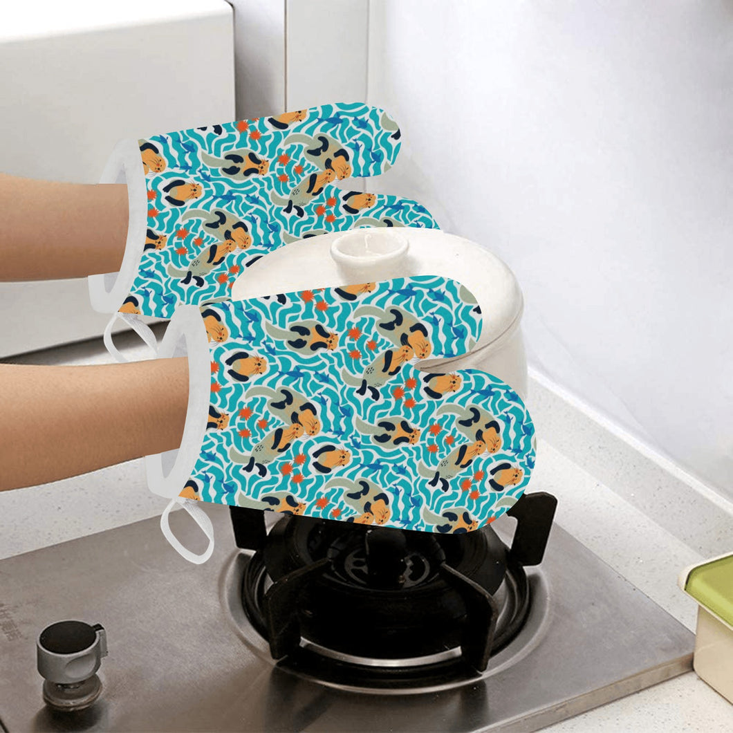 Cute sea otters fishe sea urchin pattern Heat Resistant Oven Mitts