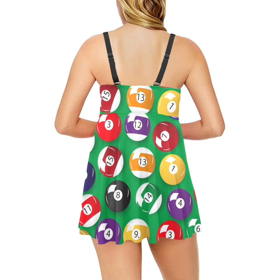 Billiard Ball Pattern Print Design 02 Chest Sexy Pleated Two Piece Swim Dress