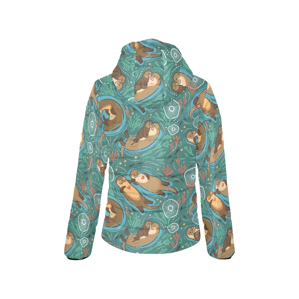cute brown sea otters ornamental seaweed corals gr Women's Padded Hooded Jacket